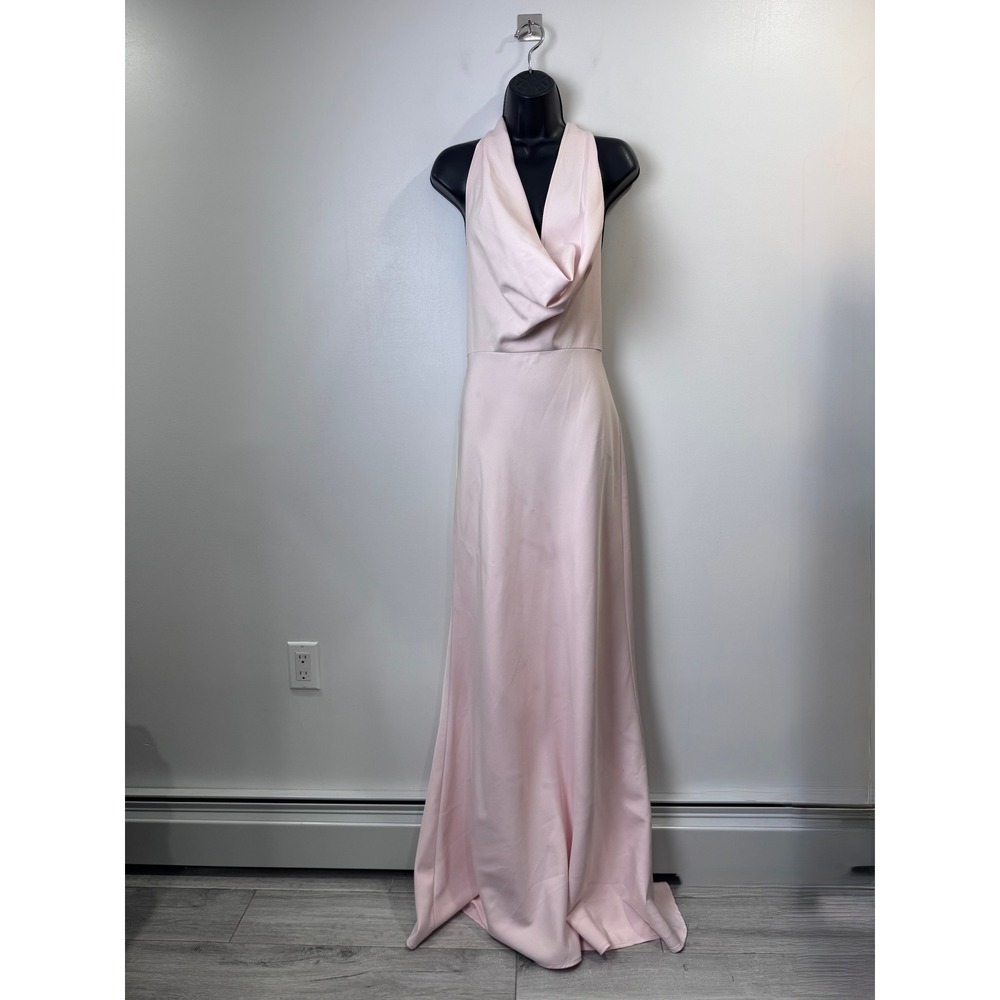 Sau Lee Women Pearl Satin Gown Halter Cowl Neck Open Back Formal Dress Size 12